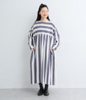 ストライプ×ボーダー　ワンピース(ナチュラル×ネイビー-F)