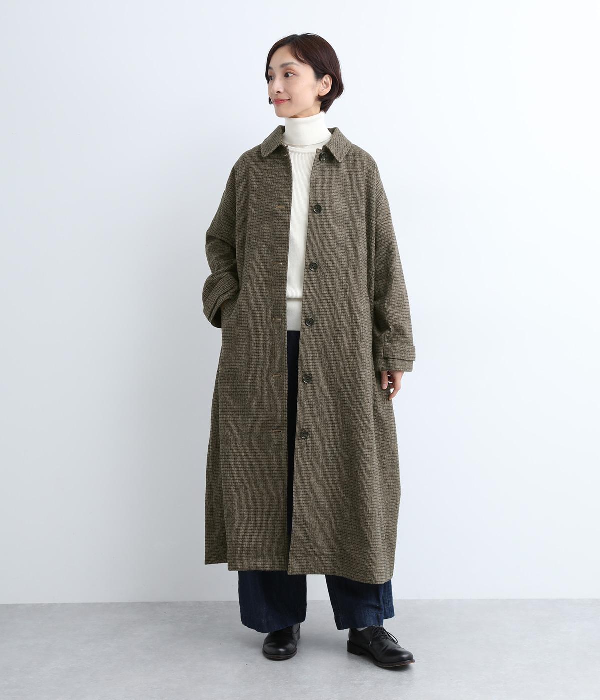 コットンウール　チェックロングコート(カーキ-F)