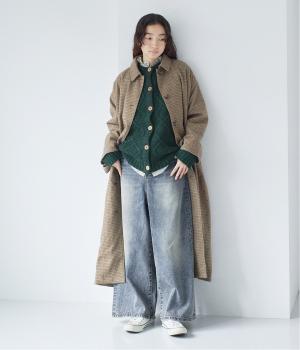 コットンウール　チェックロングコート(ベージュ-F)