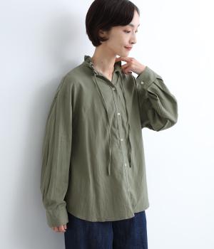 ピーチワッシャースタンドフリルシャツ(グリーン-ONESIZE)