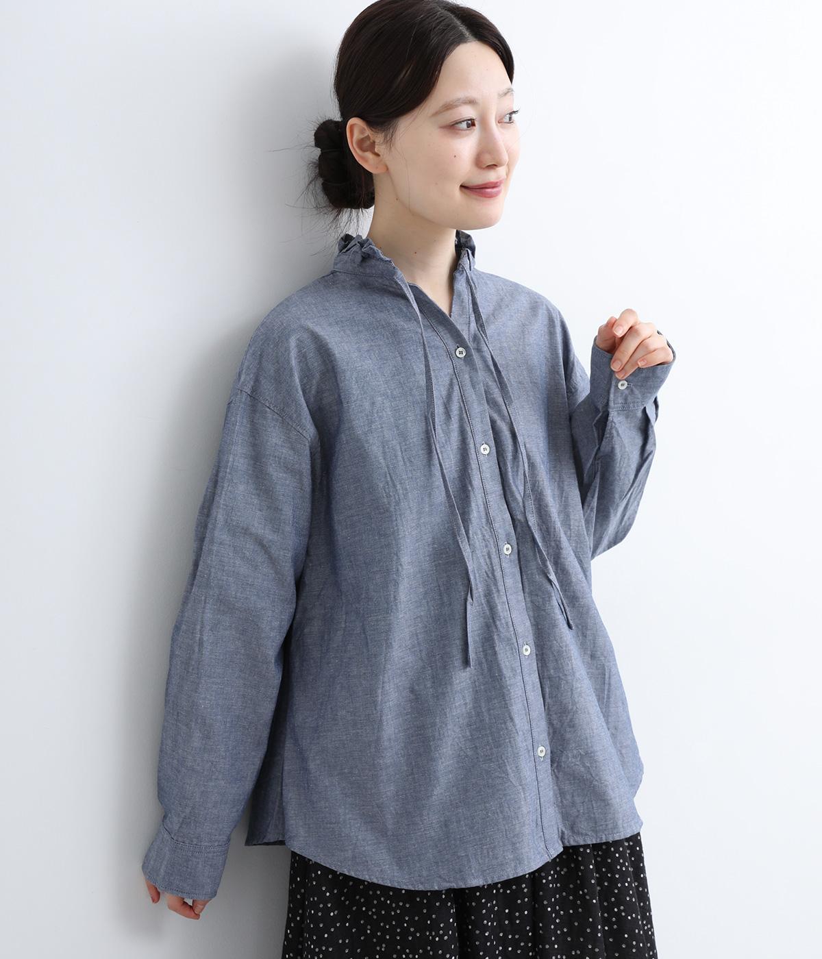 ダンガリースタンドフリルシャツ(ネイビー-ONESIZE)