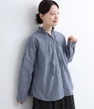 ダンガリースタンドフリルシャツ(ネイビー-ONESIZE)