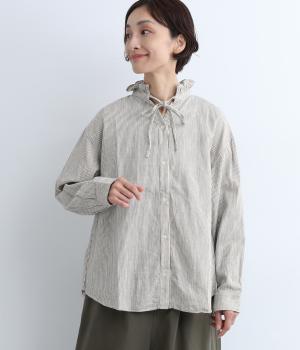 インディゴストライプスタンドフリルシャツ(ナチュラル-ONESIZE)
