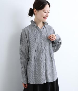 インディゴストライプスタンドフリルシャツ(ネイビー-ONESIZE)