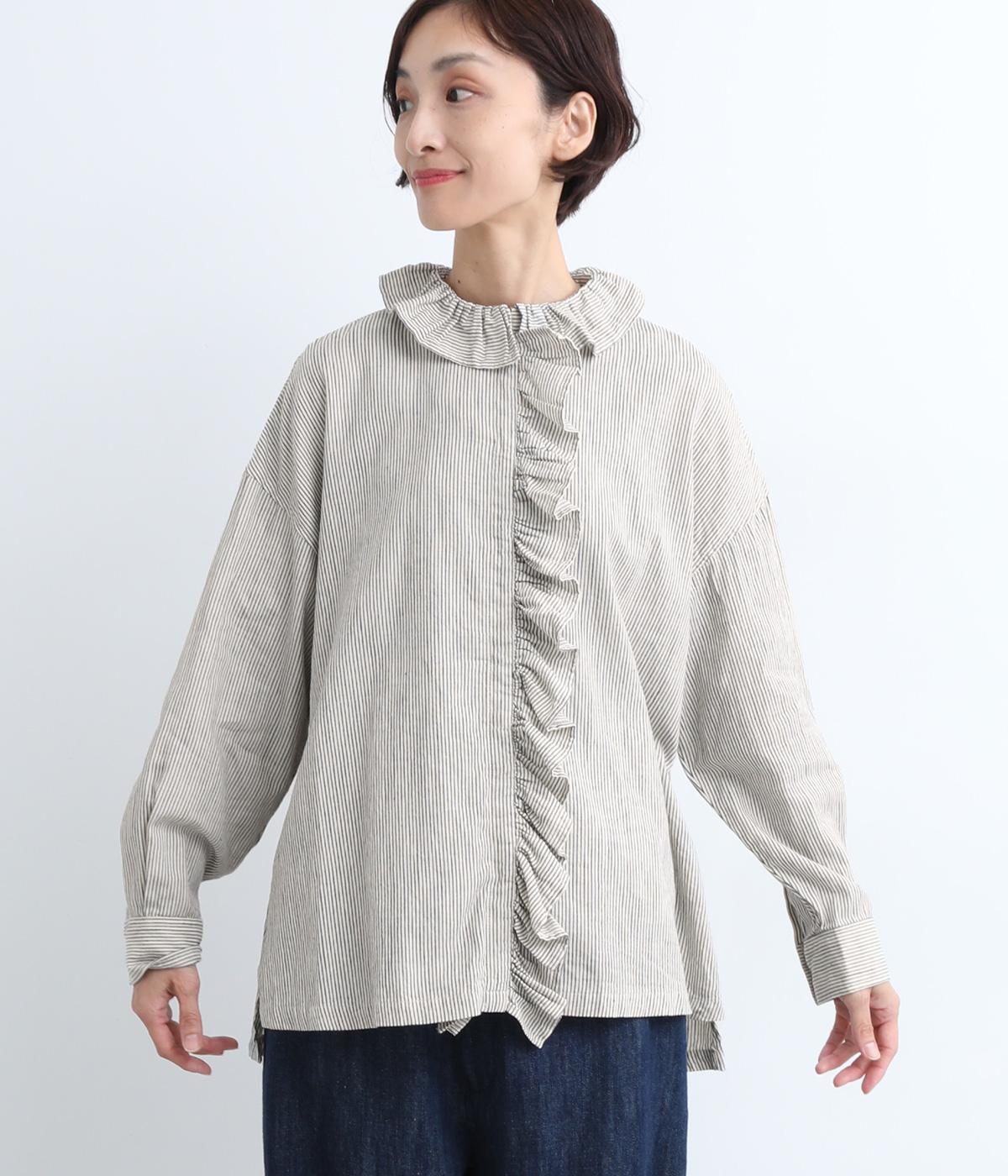 インディゴストライプ前立てフリルシャツ(ナチュラル-ONESIZE)