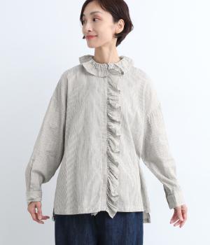 インディゴストライプ前立てフリルシャツ(ナチュラル-ONESIZE)