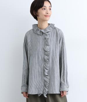 インディゴストライプ前立てフリルシャツ(ネイビー-F)