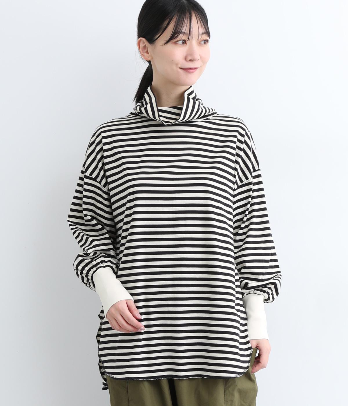 コットン　ボーダータートルネック(ナチュラル×ブラック-ONESIZE)