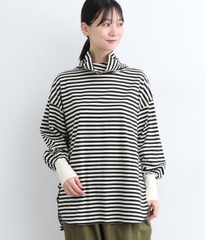 コットン　ボーダータートルネック(ナチュラル×ブラック-ONESIZE)