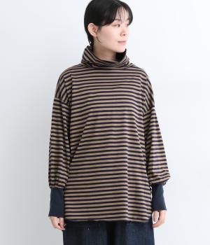 コットン　ボーダータートルネック(ベージュ×ネイビー-ONESIZE)