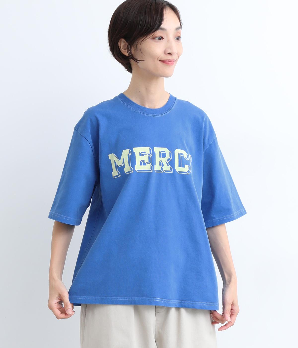 ライトヘビー天竺ピグメントTシャツ　MERCI(ブルー-F)