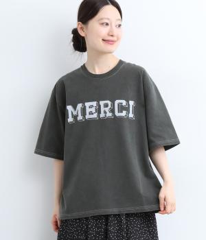 ライトヘビー天竺ピグメントTシャツ　MERCI(チャコール-F)