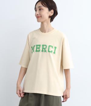 ライトヘビー天竺ピグメントTシャツ　MERCI(アイボリー-F)