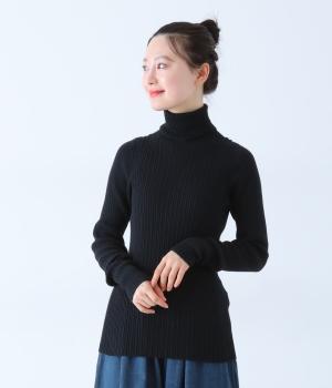 コットンジャパンホールガーメントリブニットタートルネック(ブラック-F)