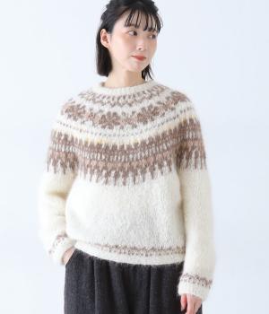 アルパカウールナイロンペルーハンドニットプルオーバー(ホワイト-F)