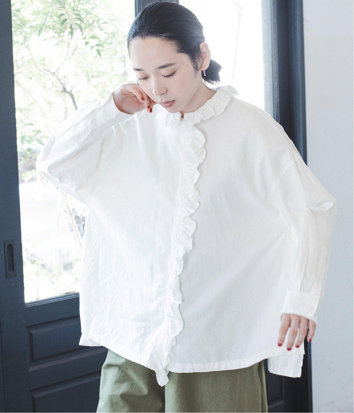 ピーチワッシャー前立てフリルシャツ(ホワイト-F)