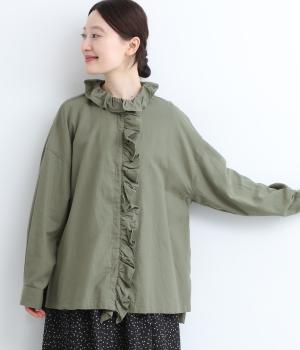 ピーチワッシャー前立てフリルシャツ(グリーン-F)