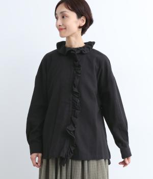 ピーチワッシャー前立てフリルシャツ(ブラック-F)