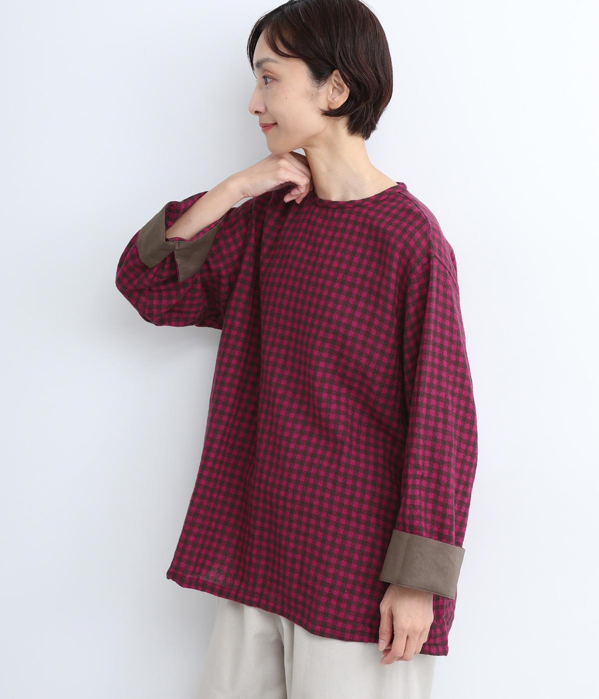 ウールガーゼギンガムプルオーバー(ブラウン×プラム-F)