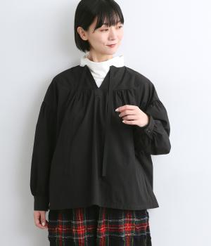コットンナイロンクロス　プルオーバーブラウス(ブラック-F)