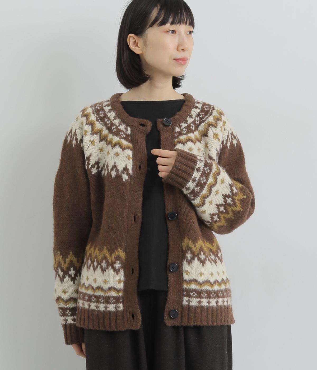 シェットランドウール求心柄カーディガン(ブラウン-F)