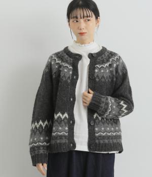 シェットランドウール求心柄カーディガン(チャコール-F)