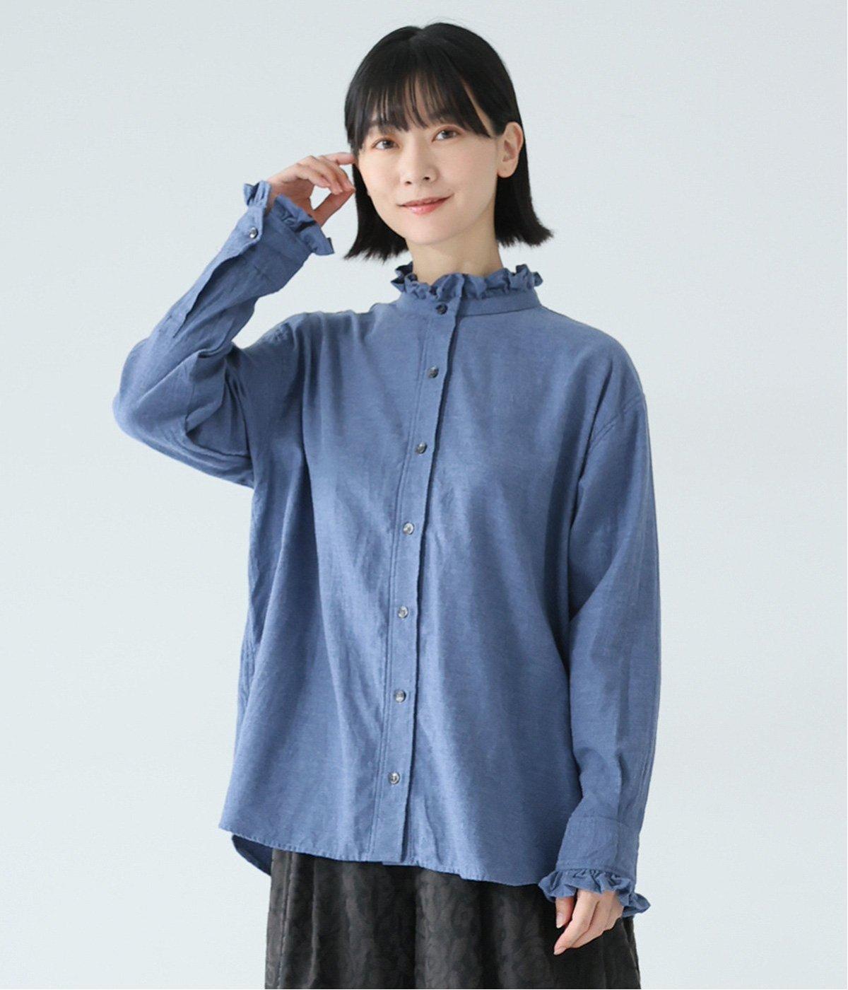 コットンメランジ　フリルシャツ(ブルー-F)
