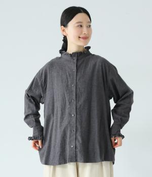 コットンメランジ　フリルシャツ(チャコール-F)