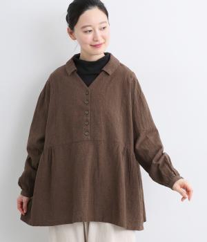 リネンコットンハウンドトゥース　シャツ(ブラウン-F)