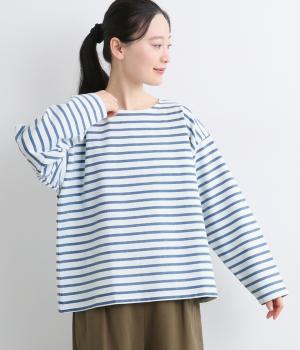 コットンインディゴボーダー　プルオーバー(ホワイト×ブルー-F)