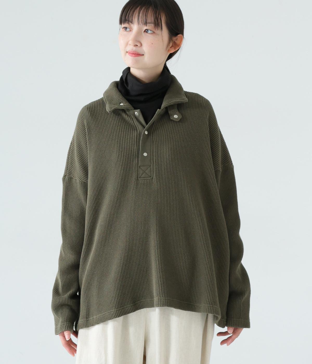 ワッフル　襟元2wayプルオーバー(カーキ-F)