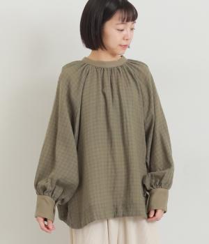 ウールギンガム　袖リブ2wayブラウス(ベージュ×グリーン-F)