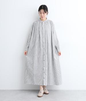 リネンコットンストライプシャツワンピース(ホワイト-F)