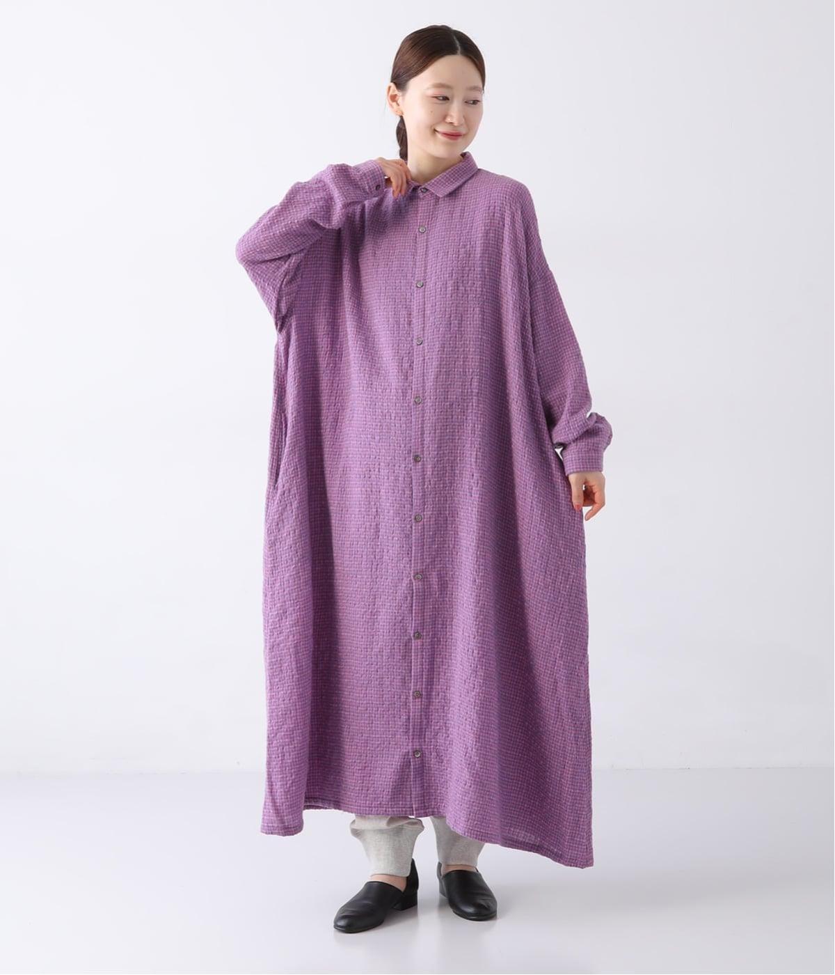 ウールコットンギンガムシャツワンピース(ピンク×ブルー-F)