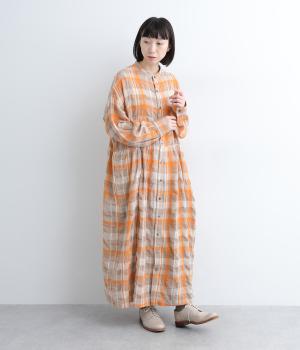 コットンウールタータンチェックシャツワンピース(オレンジ-F)