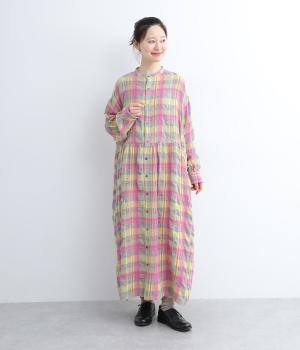 コットンウールタータンチェックシャツワンピース(ピンク-F)