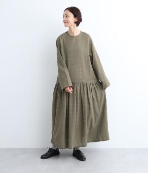 ウールガーゼギンガムワンピース(ベージュ×グリーン-F)