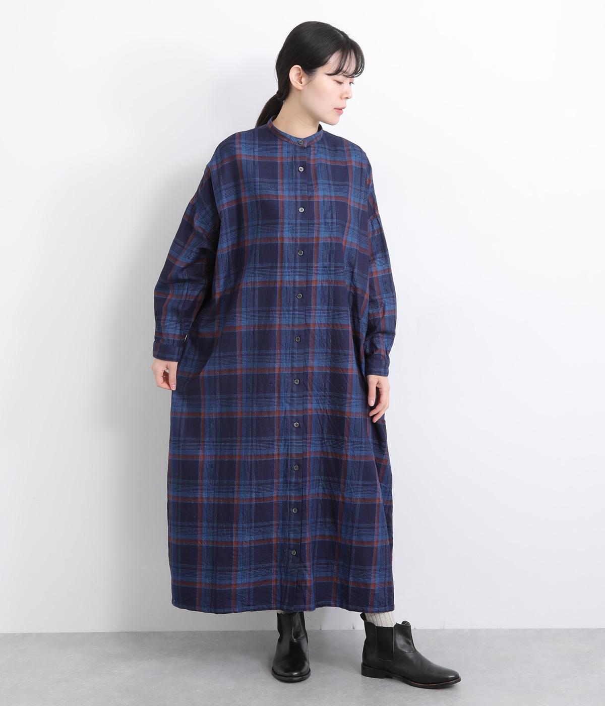 オーガニックコットン　インディゴチェックワンピース(レッド-F)