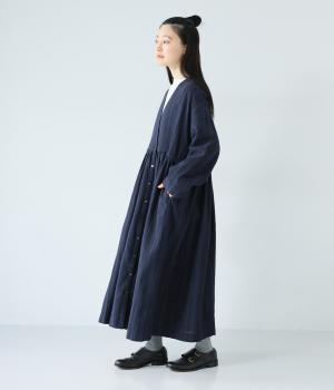 リネンコットン オリジナルランダムストライプ　ドレス(ネイビー-F)