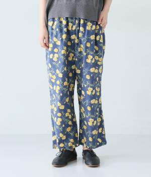 コットンリネン　フラワープリントパンツ(ネイビー-F)