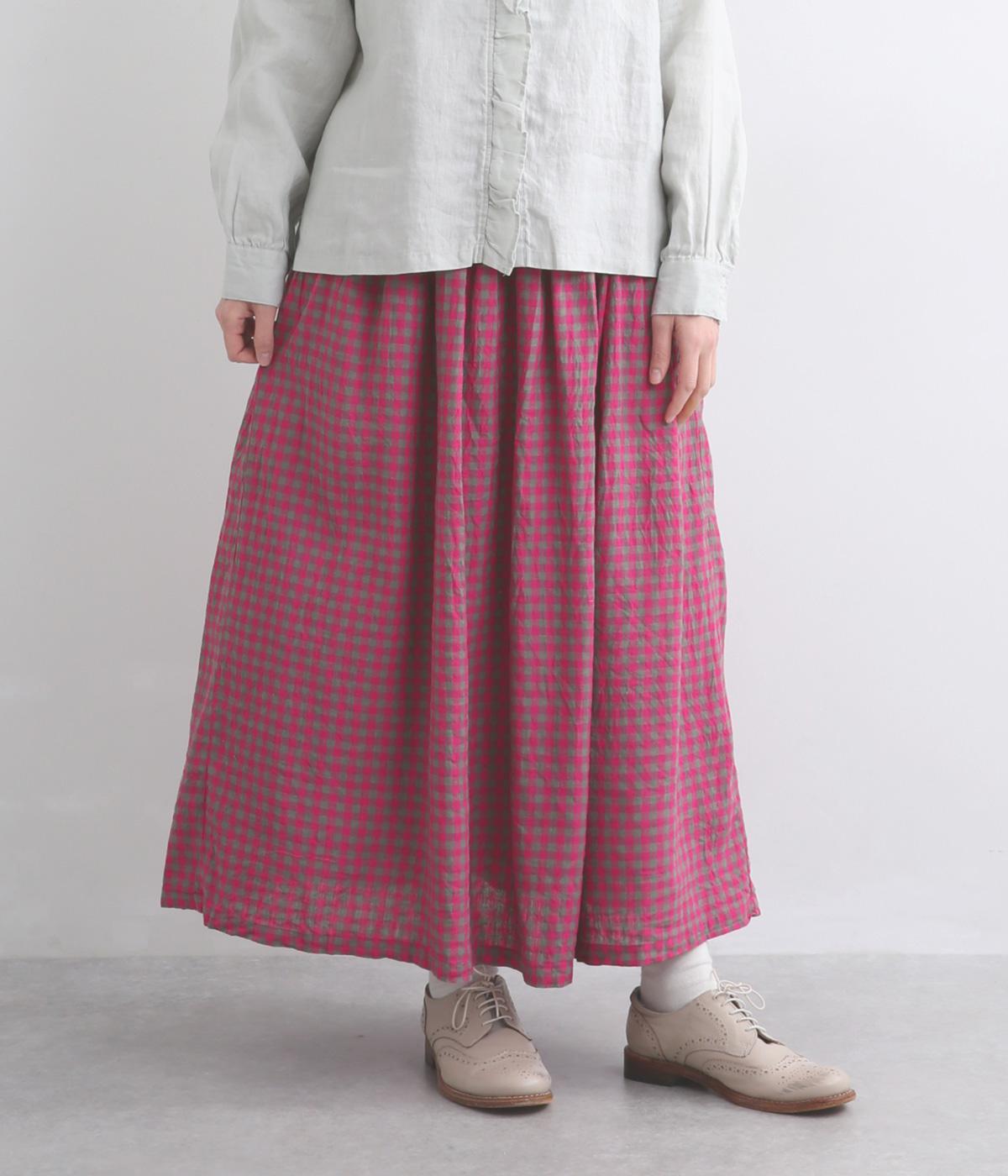 リネンコットンギンガムチェックスカート(ピンク-F)
