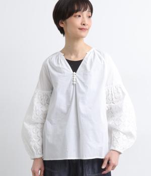 コットンインドリバースアップリケシャツ(ホワイト-F)