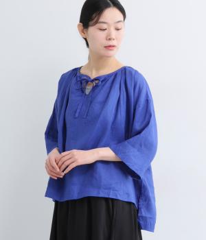 フレンチリネン　スモックブラウス(ブルー-F)