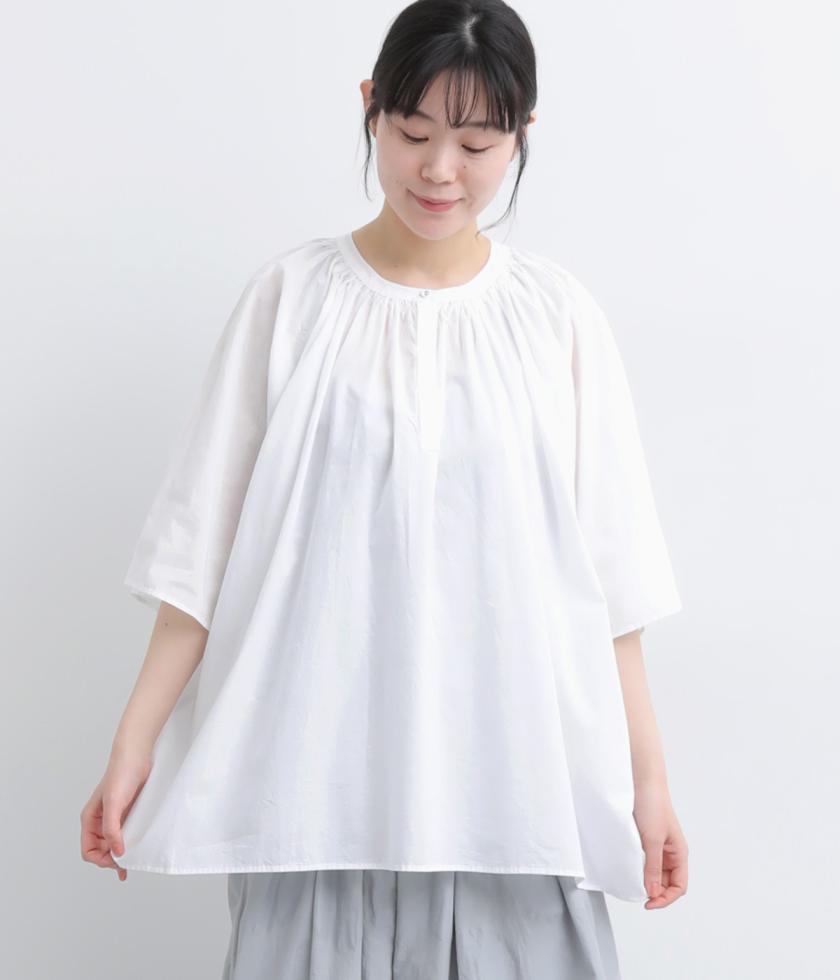 コットンローン　ギャザーヘンリーブラウス