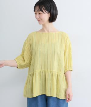 コットンリネン　ストライプギャザーブラウス