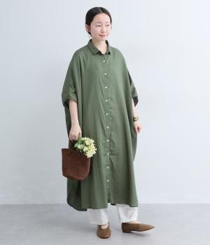 コットンリネン　袖リブプルオーバーシャツワンピース