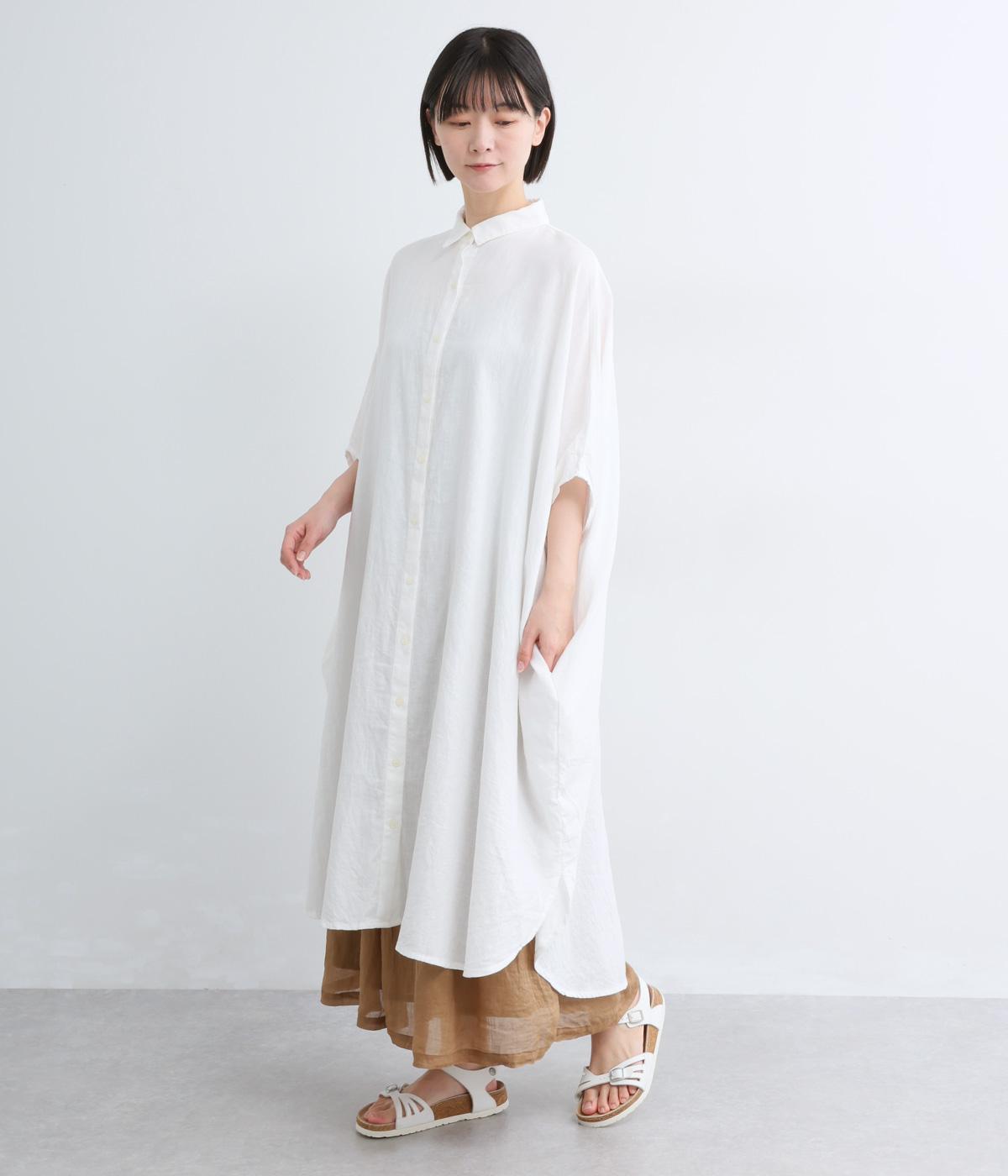 コットンリネン　袖リブプルオーバーシャツワンピース(ホワイト-F)