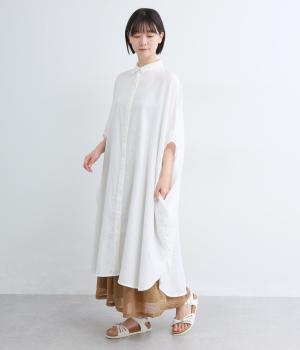 コットンリネン　袖リブプルオーバーシャツワンピース(ホワイト-F)