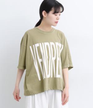 ピグメントTシャツ　”VENDREDI” ”LAFIN”(カーキ-F)