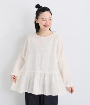 オリジナルギンガムチェック　ペプラムブラウス(ホワイト-F)